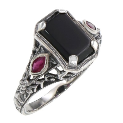 Art Deco Style Black Onyx Filigree Ring w/ Ruby Accents - Sterling Silver - FR-1081-O-R