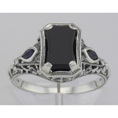 Art Deco Style Black Onyx Filigree Ring Sapphire Accents Sterling Silver - FR-1081-O-S