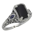 Art Deco Style Black Onyx Filigree Ring Sapphire Accents Sterling Silver