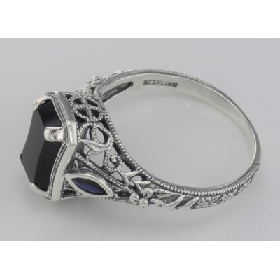Art Deco Style Black Onyx Filigree Ring Sapphire Accents Sterling Silver - FR-1081-O-S