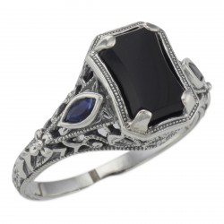 Art Deco Style Black Onyx Filigree Ring Sapphire Accents Sterling Silver