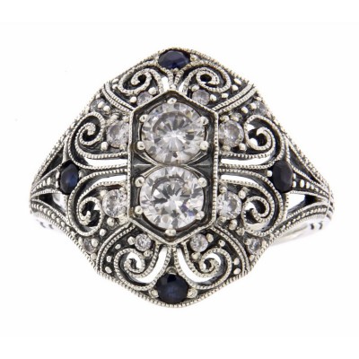 CZ / Sapphire Filigree Ring - Art Deco Style - Sterling Silver - FR-11-CZ-S