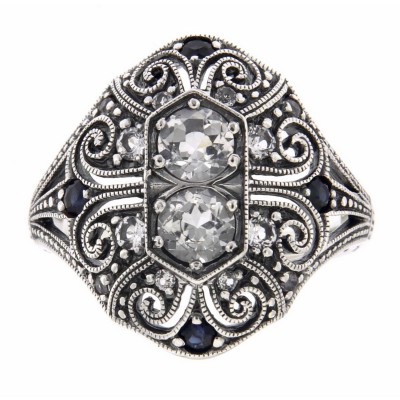 White Topaz and Sapphire Filigree Ring - Art Deco Style - Sterling Silver - FR-11-WT-S