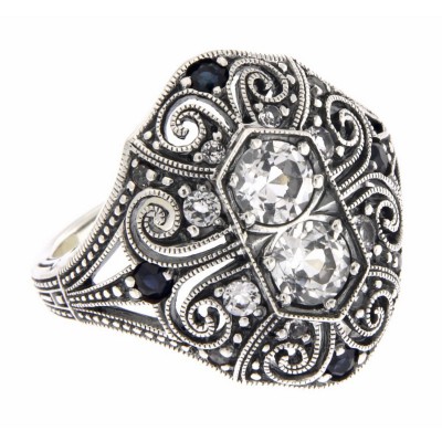 White Topaz and Sapphire Filigree Ring - Art Deco Style - Sterling Silver - FR-11-WT-S