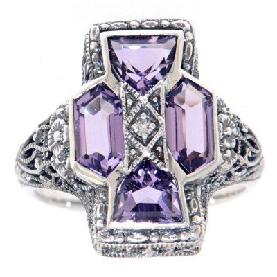 Unique Art Deco Style Amethyst and Diamond Filigree Ring - Sterling Silver - FR-1103-AM