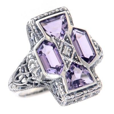 Unique Art Deco Style Amethyst and Diamond Filigree Ring - Sterling Silver - FR-1103-AM