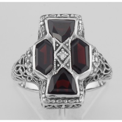 Unique Art Deco Style Garnet and Diamond Filigree Ring - Sterling Silver - FR-1103-G