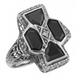 Unique Art Deco Style Black Onyx and Diamond Filigree Ring Sterling Silver