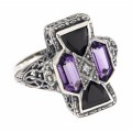 Unique Art Deco Amethyst, Onyx, Diamond Filigree Ring Sterling Silver
