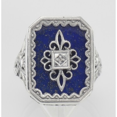 Victorian Style Blue Lapis and Diamond Filigree Ring Sterling Silver - FR-1168-L
