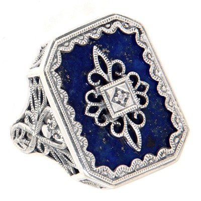 Victorian Style Blue Lapis and Diamond Filigree Ring Sterling Silver - FR-1168-L