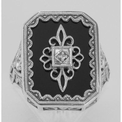 Victorian Style Black Onyx and Diamond Filigree Ring Sterling Silver - FR-1168-O