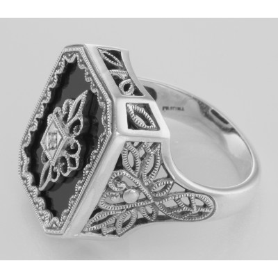 Victorian Style Black Onyx and Diamond Filigree Ring Sterling Silver - FR-1168-O