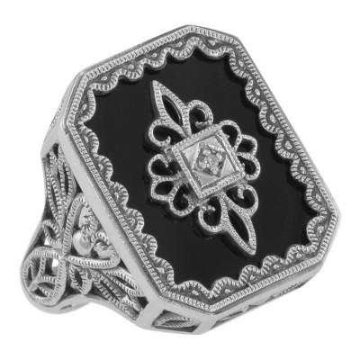 Victorian Style Black Onyx and Diamond Filigree Ring Sterling Silver - FR-1168-O