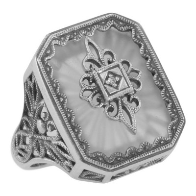 Victorian Style Sunray Camphor Glass and Diamond Ring Sterling Silver - FR-1168-SR