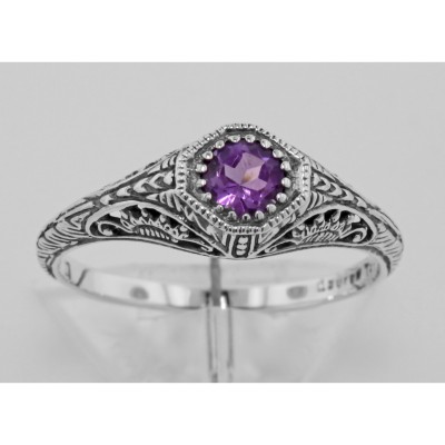 Victorian Style Amethyst Filigree Ring Sterling Silver - FR-117-AM