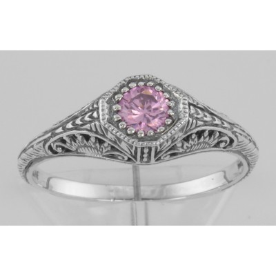 Victorian Style Pink CZ Filigree Ring - Sterling Silver - FR-117-PINK