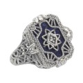 Victorian Style Blue Lapis  Diamond Filigree Ring - Sterling Silver