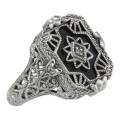 Antique Victorian Style Black Onyx / Diamond Filigree Ring Sterling Silver
