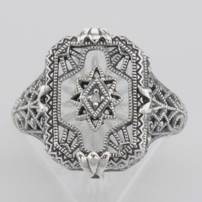 Victorian Style Camphor Glass Crystal Filigree Diamond Ring Sterling Silver - FR-1170-SR