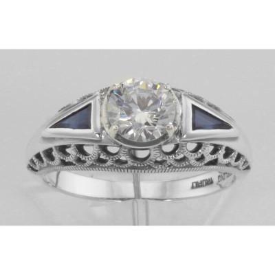 Art Deco Style Cubic Zirconia Filigree Ring w/ Sapphire - Sterling Silver - FR-118-CZ