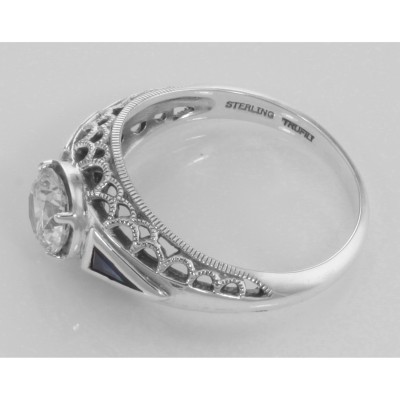 Art Deco Style Cubic Zirconia Filigree Ring w/ Sapphire - Sterling Silver - FR-118-CZ