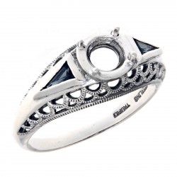 Art Deco Filigree Semi Mount 6mm Ring Sapphire Accents Sterling Silver