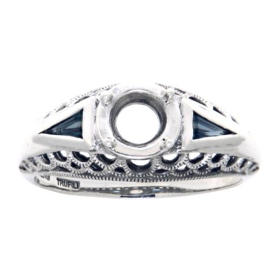 Art Deco Style  Filigree Semi Mount Ring Sapphire Accents 14kt White Gold - FR-118-SEMI-WG
