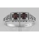 Art Deco Style Garnet Filigree Ring w/ 2 Diamonds - Sterling Silver - FR-119-G
