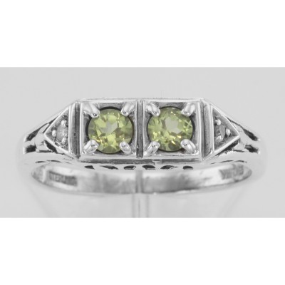 Art Deco Style Peridot Filigree Ring w/ 2 Diamonds - Sterling Silver - FR-119-P