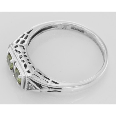 Art Deco Style Peridot Filigree Ring w/ 2 Diamonds - Sterling Silver - FR-119-P