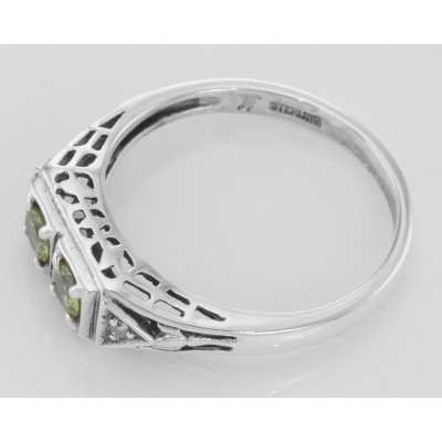 Art Deco Style Peridot Filigree Ring w/ 2 Diamonds - Sterling Silver - FR-119-P
