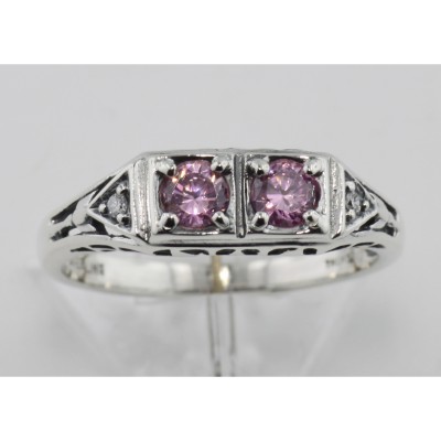 CZ Vintage Style Ring w/ 2 Diamonds - Sterling Silver - FR-119-PINK