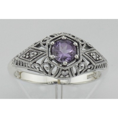 Art Deco Style Amethyst Filigree Ring w/ 4 Diamonds -  Sterling Silver - FR-121-AM
