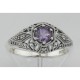 Art Deco Style Amethyst Filigree Ring w/ 4 Diamonds -  Sterling Silver - FR-121-AM