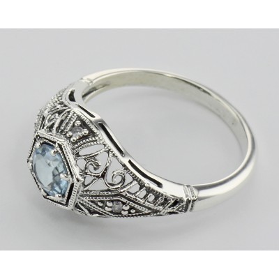 Blue Topaz Victorian Style Filigree Ring w/ 4 Diamonds - Sterling Silver - FR-121-BT