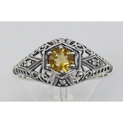 Art Deco Style Citrine Filigree Ring w/ 4 Diamonds - Sterling Silver - FR-121-C