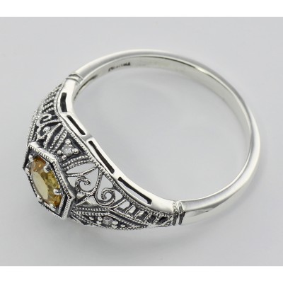 Art Deco Style Citrine Filigree Ring w/ 4 Diamonds - Sterling Silver - FR-121-C