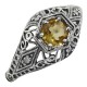Art Deco Style Citrine Filigree Ring w/ 4 Diamonds - Sterling Silver - FR-121-C