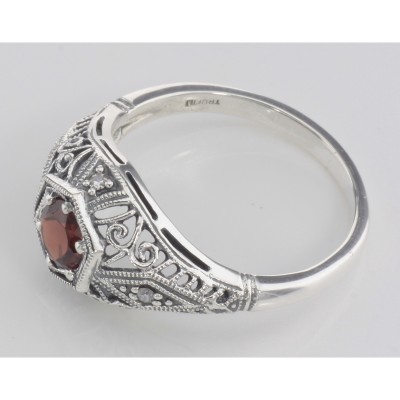 Art Deco Style Garnet Filigree Ring w/ 4 Diamonds - Sterling Silver - FR-121-G