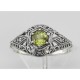 Art Deco Style Peridot Filigree Ring w/ 4 Diamonds - Sterling Silver - FR-121-P