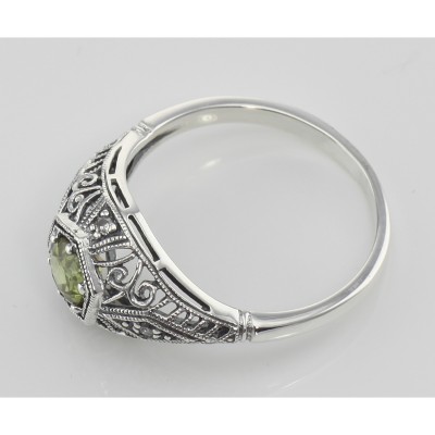 Art Deco Style Peridot Filigree Ring w/ 4 Diamonds - Sterling Silver - FR-121-P