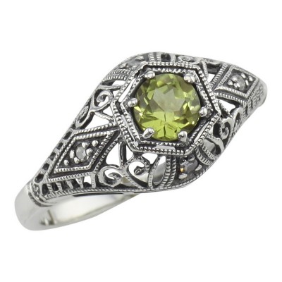 Art Deco Style Peridot Filigree Ring w/ 4 Diamonds - Sterling Silver - FR-121-P
