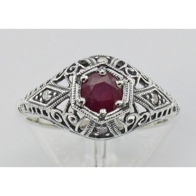 Ruby Filigree Ring Art Deco Style w/ 4 Diamonds - Sterling Silver - FR-121-R