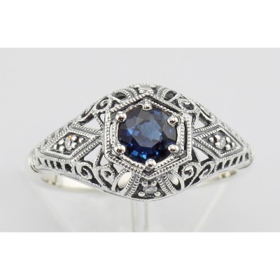Art Deco Style Sapphire Filigree Ring w/ 4 Diamonds - Sterling Silver - FR-121-S