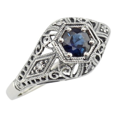 Art Deco Style Sapphire Filigree Ring w/ 4 Diamonds - Sterling Silver - FR-121-S