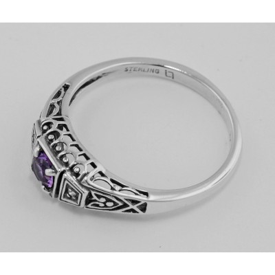 Amethyst Filigree Ring w/ 2 Diamonds - Sterling Silver - FR-123-AM