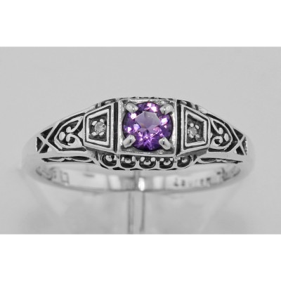 Amethyst Filigree Ring w/ 2 Diamonds - Sterling Silver - FR-123-AM