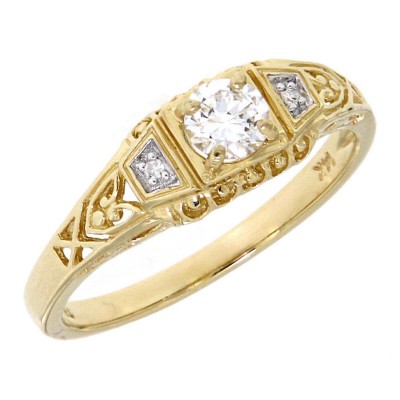 1/4 Carat Diamond Art Deco Style 14kt Yellow Gold Filigree Ring 2 Diamonds - FR-123-D-YG