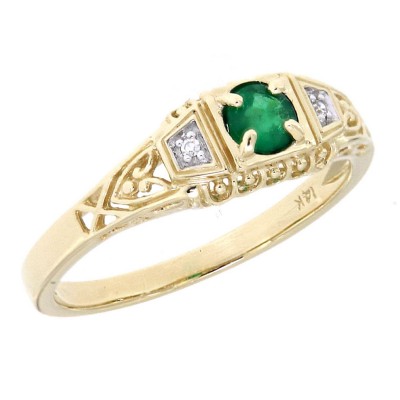 Natural Emerald Art Deco Style 14kt Yellow Gold Filigree Ring w/ 2 Diamonds - FR-123-E-YG